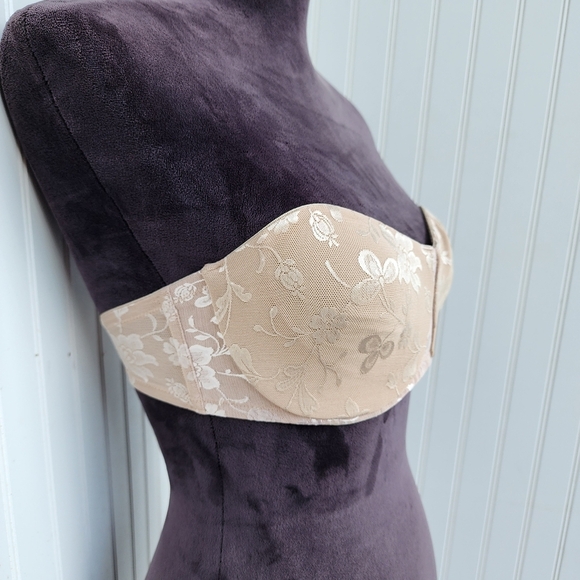 Soma Eva Strapless Bra 34C Satin Unlined Underwire Side Boning Tan Nude Floral - Picture 2 of 9